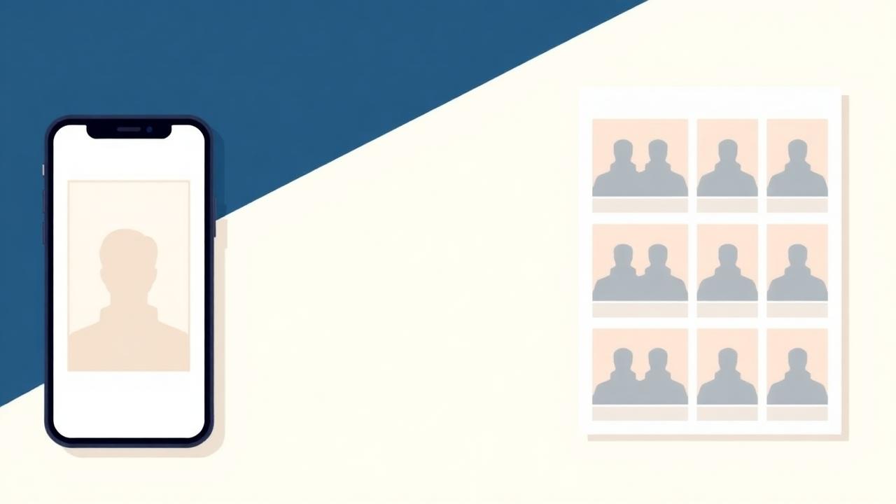 Phone showing a photo being cropped to passport size next to a printable sheet of eight passport photos.